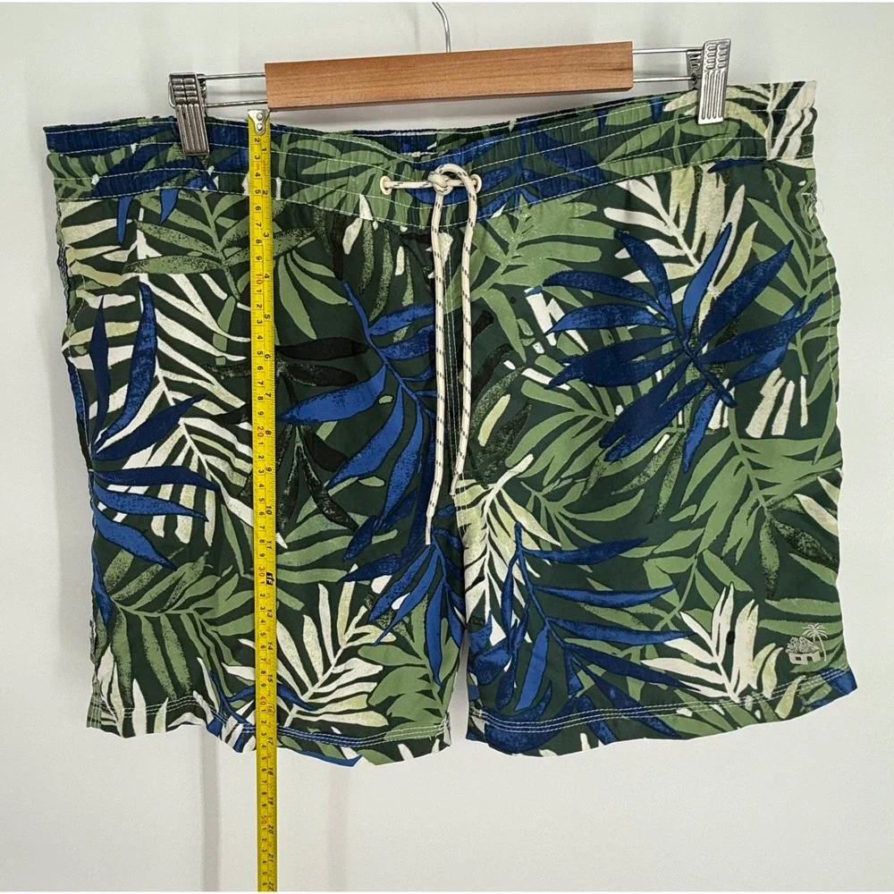 Caribbean Joe Mens Green Blue Palm Leaf Tropical Swim Trunks Mesh Lined Sz M